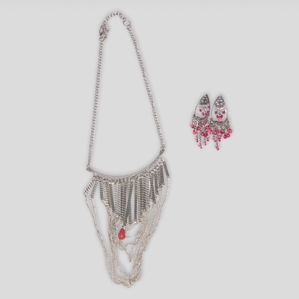 Silver Tone Necklace and Chandelier Earrings Jewelry Set
